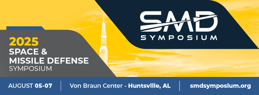 Auria promotion banner for the 2025 Space and Missile Defense Symposium, showing the SMD logo, a rocket silhouette, and event details for August 5-7 in Huntsville, Alabama.